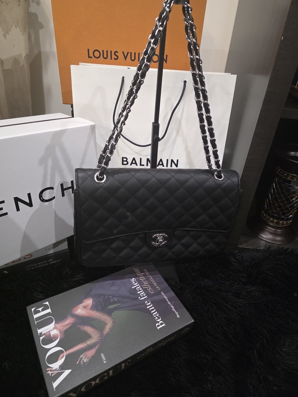 Black Quilted Leather Shoulder Bag with Silver Chain